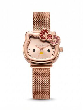 Hello Kitty Gold Watch Mesh Band Pink Rhinestone Bow Analog Sanrio Teens Adults